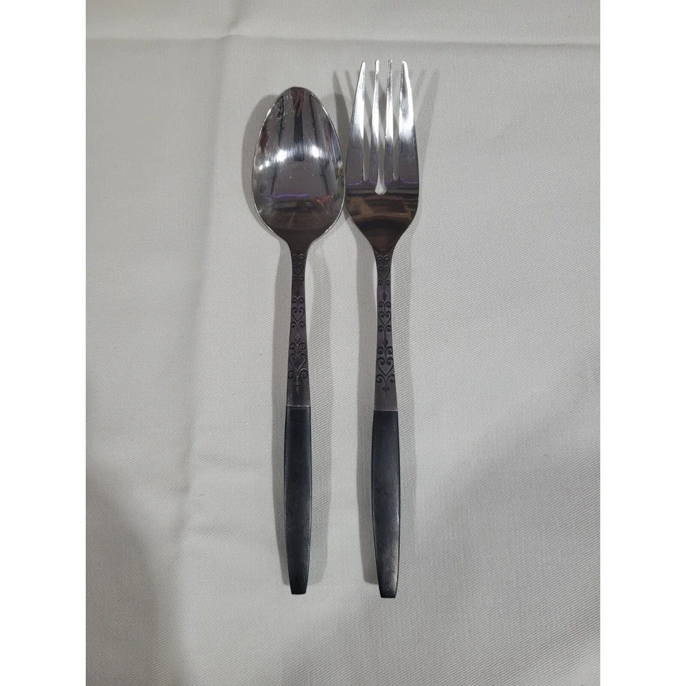 Interpur INR2 Set of 2 Black Handle Spoon & Salad Fork Stainless Japan Flatware